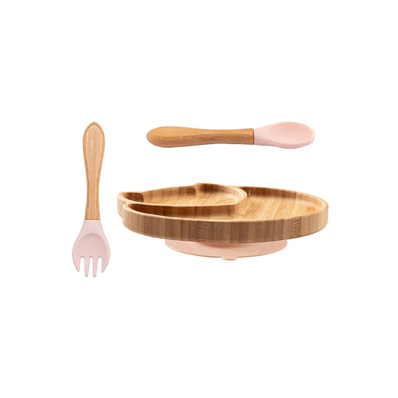 Custom Baby Bamboo Feeding Bowl Spoon Fork Fox Pattern Food Tableware Kids Wooden Training Plate Silicone Suction Cup Removable