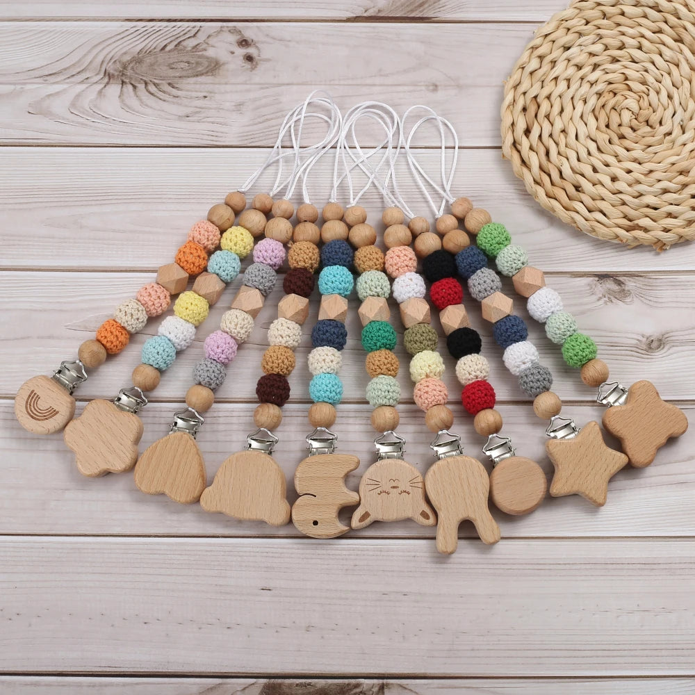 Elephant Bunny Animal Heart Wooden Baby Pacifier Clips round Crochet Beads Teething Chain for Baby Nipple Chain Nursing Chew Toy