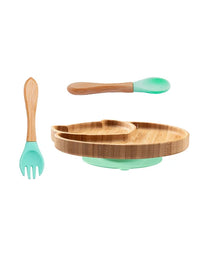 Custom Baby Bamboo Feeding Bowl Spoon Fork Fox Pattern Food Tableware Kids Wooden Training Plate Silicone Suction Cup Removable
