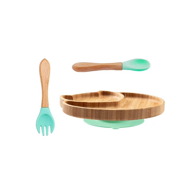 Custom Baby Bamboo Feeding Bowl Spoon Fork Fox Pattern Food Tableware Kids Wooden Training Plate Silicone Suction Cup Removable