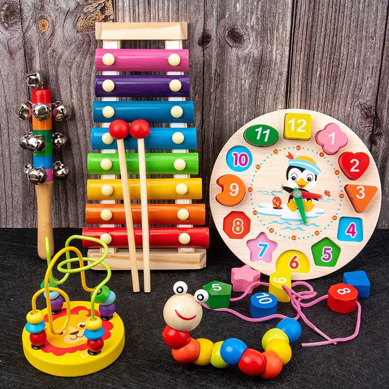 Montessori Baby Wooden Toys Worm Eat Fruit Cheese Wood Toys Baby Kids Educational Toys Rope-Piercing Montessori Toys Gifts