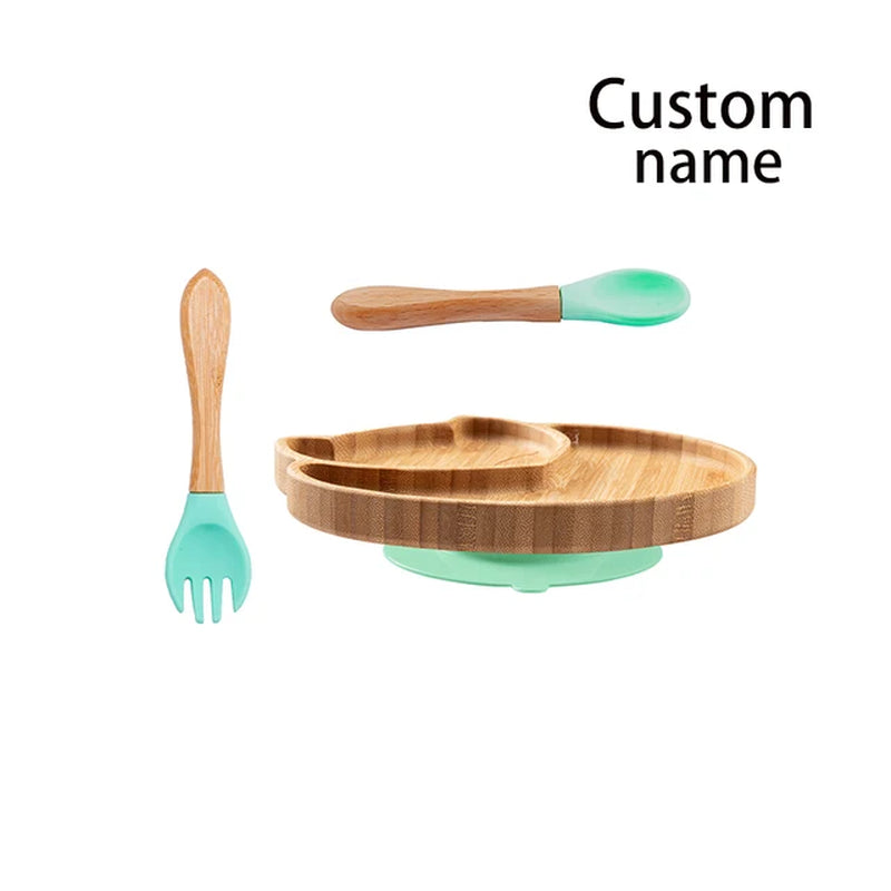 Custom Baby Bamboo Feeding Bowl Spoon Fork Fox Pattern Food Tableware Kids Wooden Training Plate Silicone Suction Cup Removable