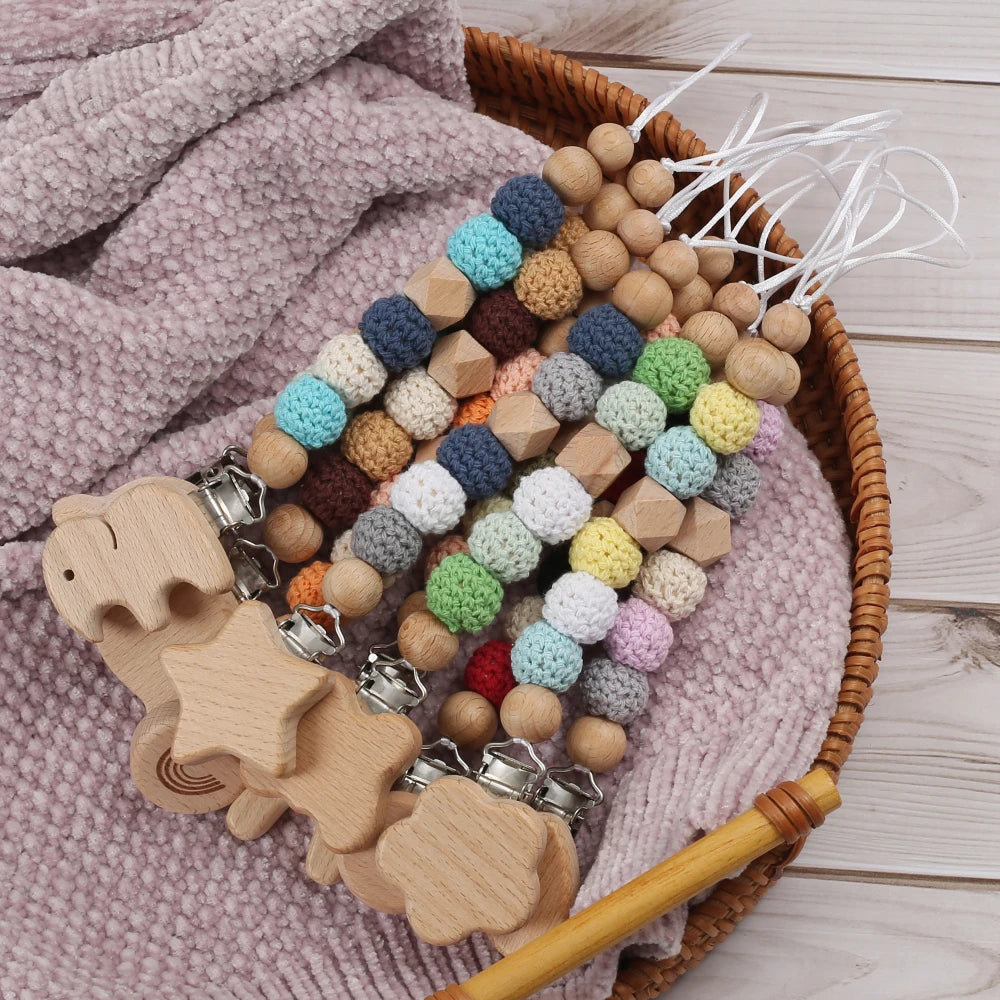 Elephant Bunny Animal Heart Wooden Baby Pacifier Clips round Crochet Beads Teething Chain for Baby Nipple Chain Nursing Chew Toy