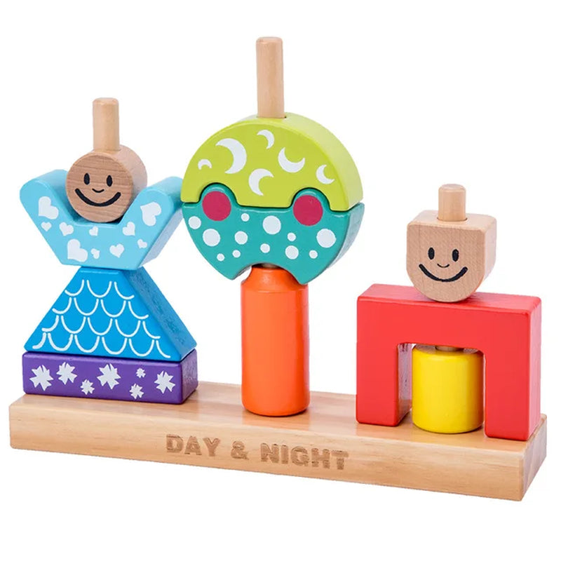 Children Wooden Building Blocks Baby DIY Stacking High Fun Games Day and Night Creative Building Blocks Montessori Wooden Toys