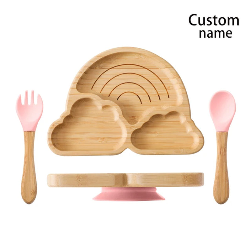 Custom Baby Bamboo Feeding Bowl Spoon Fork Fox Pattern Food Tableware Kids Wooden Training Plate Silicone Suction Cup Removable