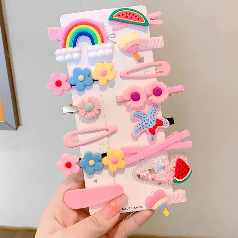 2023 New Summer Autumn Children Baby Girls 14Pcs Cartoon Bear Hairpins Princess Hair Accessories for Toddler Headwear