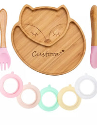 Custom Baby Bamboo Feeding Bowl Spoon Fork Fox Pattern Food Tableware Kids Wooden Training Plate Silicone Suction Cup Removable
