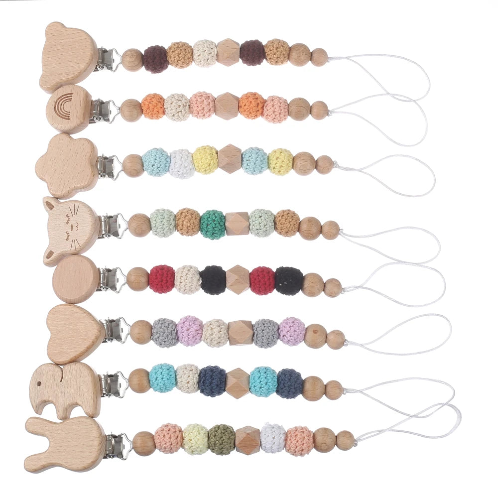 Elephant Bunny Animal Heart Wooden Baby Pacifier Clips round Crochet Beads Teething Chain for Baby Nipple Chain Nursing Chew Toy