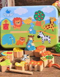 Wooden Toy Cartoon Animals Fruit DIY Toy Beads Toy Stringing Threading Beads Game Education Toy for Baby Kids Children
