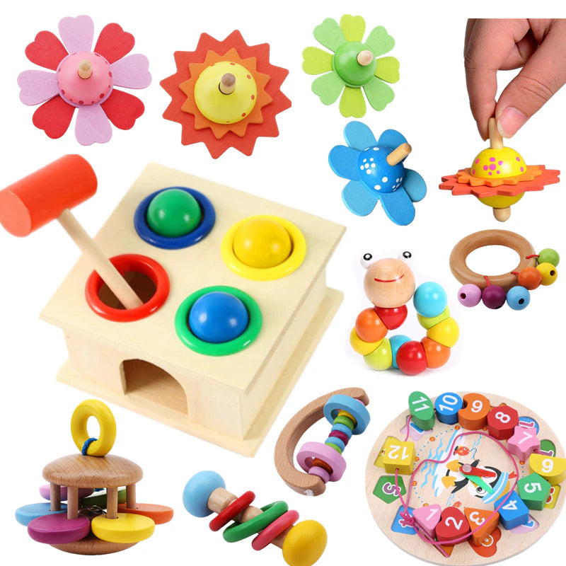 Kids Montessori Wooden Toys Rainbow Blocks Kid Learning Toy Baby Music Rattles Graphic Colorful Wooden Blocks Educational Toy