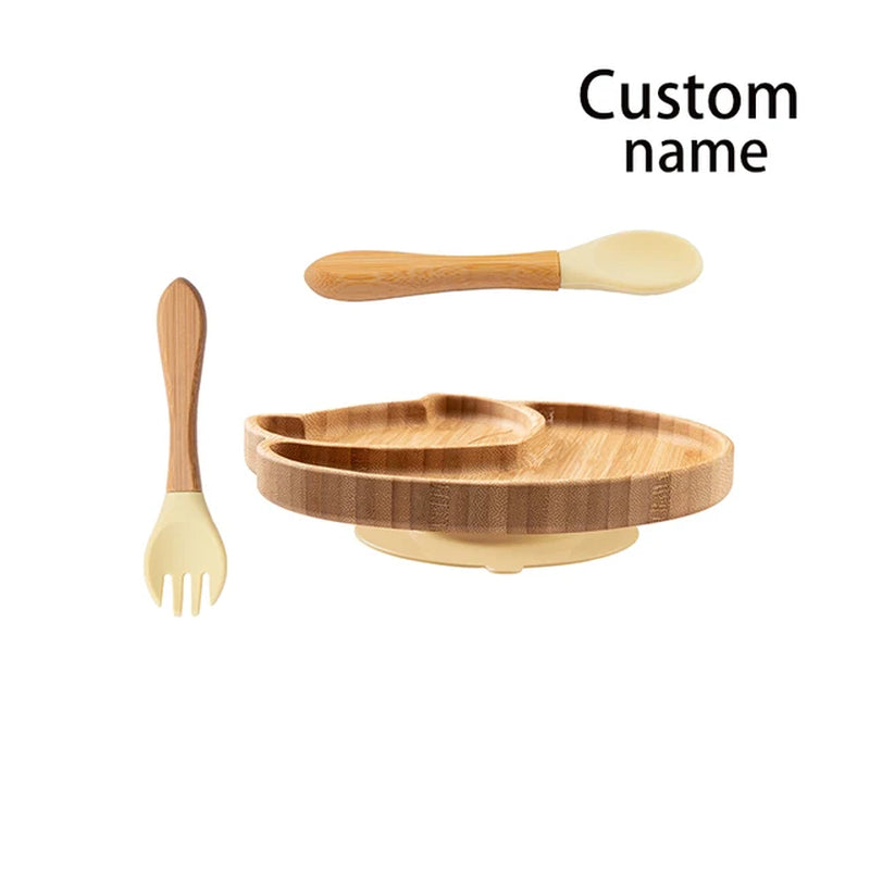 Custom Baby Bamboo Feeding Bowl Spoon Fork Fox Pattern Food Tableware Kids Wooden Training Plate Silicone Suction Cup Removable