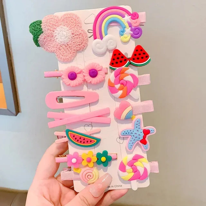 2023 New Summer Autumn Children Baby Girls 14Pcs Cartoon Bear Hairpins Princess Hair Accessories for Toddler Headwear