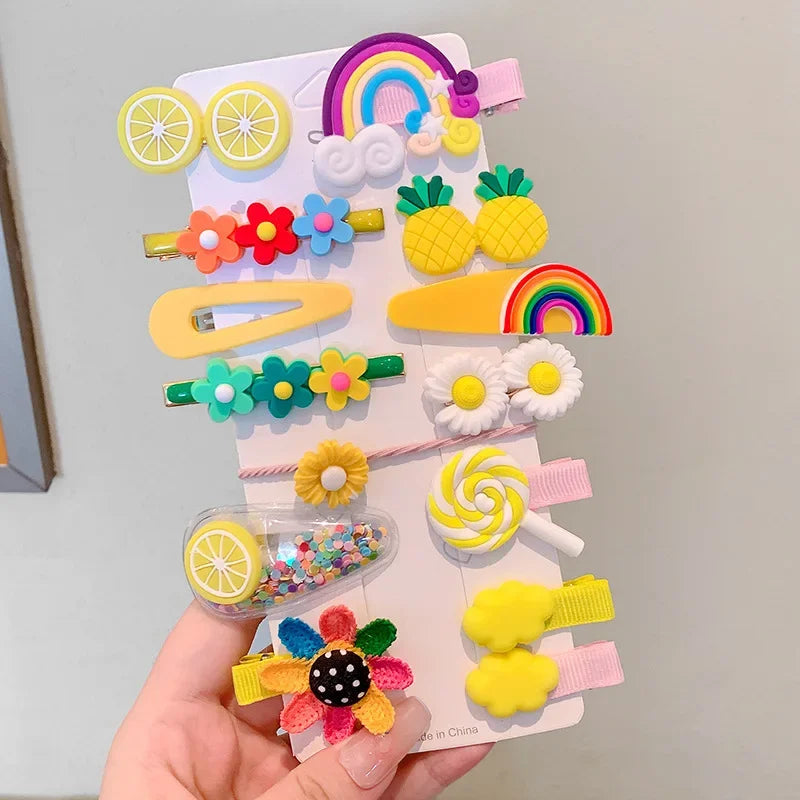 2023 New Summer Autumn Children Baby Girls 14Pcs Cartoon Bear Hairpins Princess Hair Accessories for Toddler Headwear