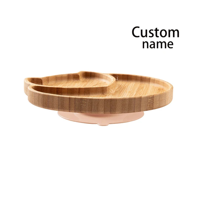 Custom Baby Bamboo Feeding Bowl Spoon Fork Fox Pattern Food Tableware Kids Wooden Training Plate Silicone Suction Cup Removable