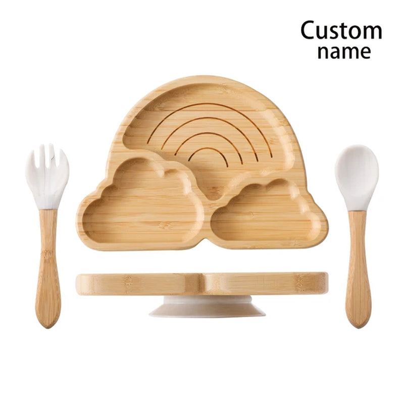 Custom Baby Bamboo Feeding Bowl Spoon Fork Fox Pattern Food Tableware Kids Wooden Training Plate Silicone Suction Cup Removable