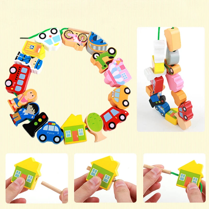 Wooden Toys Montessori Baby Toys DIY City Threading Beads String Lacing Puzzle Educational Crafts Toys for Children Kids Toddler