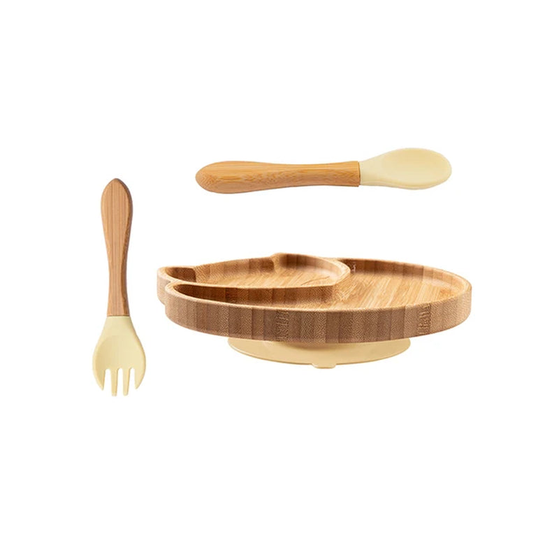 Custom Baby Bamboo Feeding Bowl Spoon Fork Fox Pattern Food Tableware Kids Wooden Training Plate Silicone Suction Cup Removable