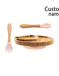 Custom Baby Bamboo Feeding Bowl Spoon Fork Fox Pattern Food Tableware Kids Wooden Training Plate Silicone Suction Cup Removable
