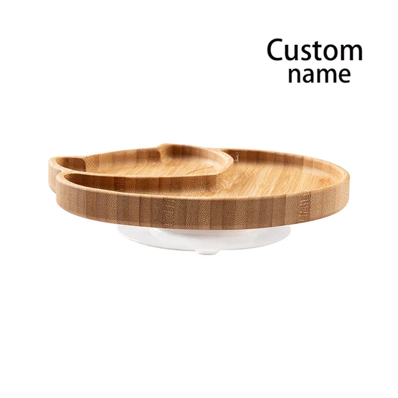 Custom Baby Bamboo Feeding Bowl Spoon Fork Fox Pattern Food Tableware Kids Wooden Training Plate Silicone Suction Cup Removable