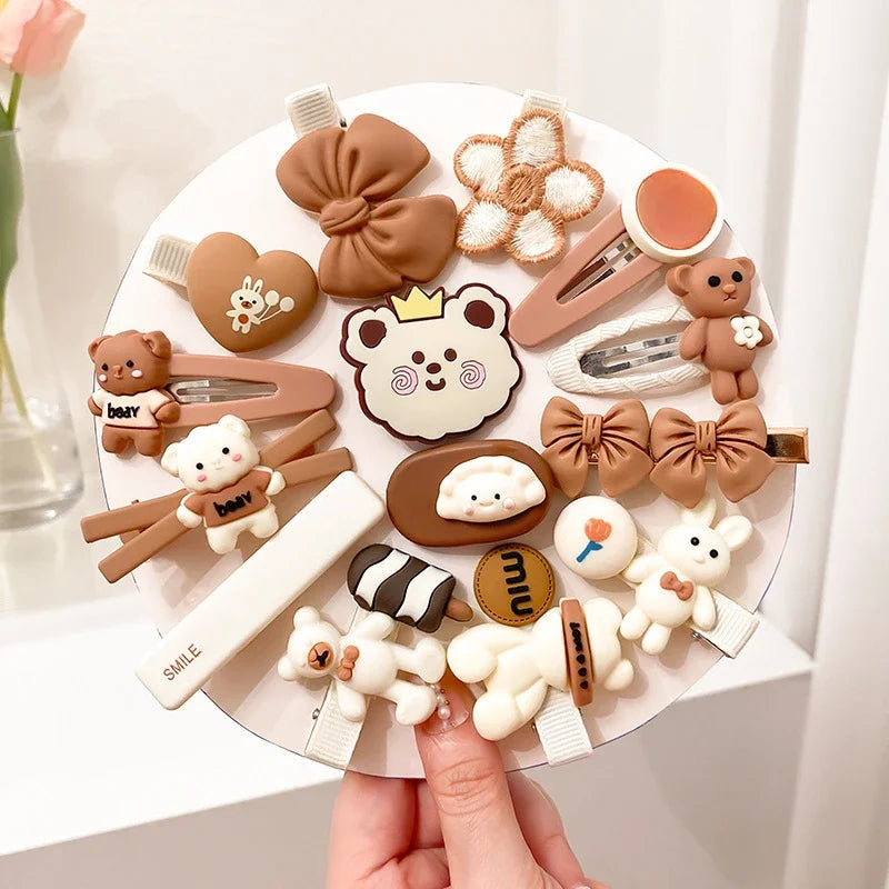 2023 New Summer Autumn Children Baby Girls 14Pcs Cartoon Bear Hairpins Princess Hair Accessories for Toddler Headwear