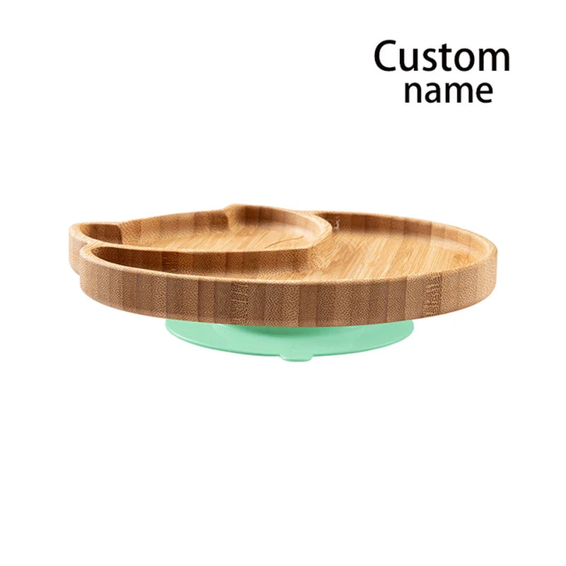 Custom Baby Bamboo Feeding Bowl Spoon Fork Fox Pattern Food Tableware Kids Wooden Training Plate Silicone Suction Cup Removable