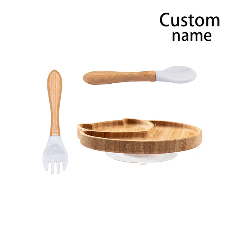 Custom Baby Bamboo Feeding Bowl Spoon Fork Fox Pattern Food Tableware Kids Wooden Training Plate Silicone Suction Cup Removable