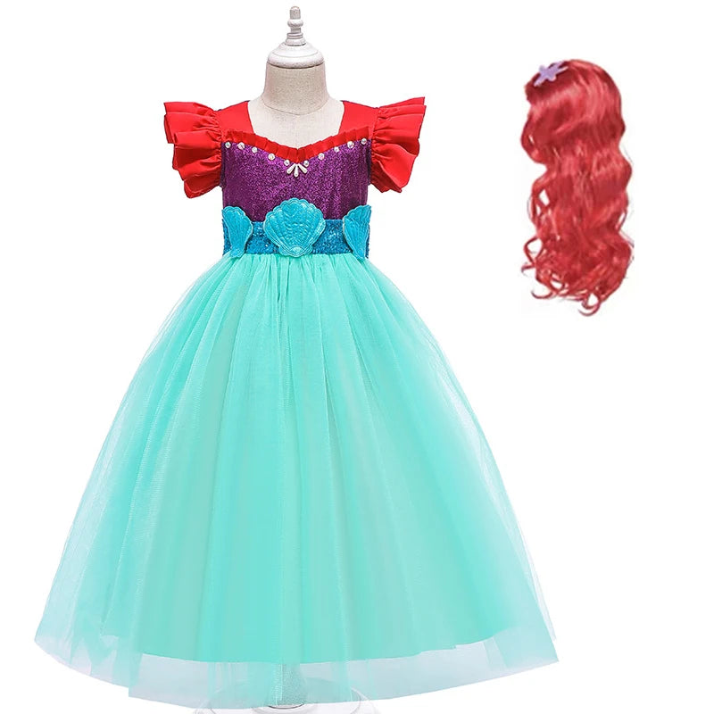 little girls kids princess ariel Mermaid pink dress elegant for baby girl Birthday Party Holiday Halloween cosplay Costume hair