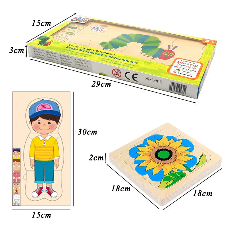 Montessori Man Woman Growth Puzzles Wooden Toys Caterpillar Frog Sunflower Growth Process Puzzle Educational Toys For Children