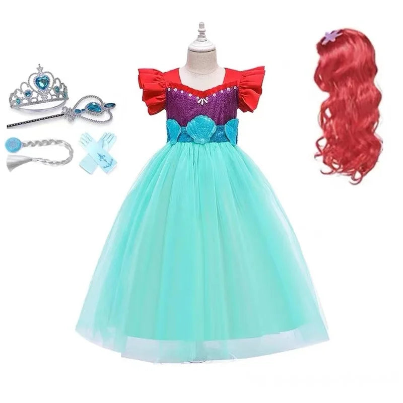 little girls kids princess ariel Mermaid pink dress elegant for baby girl Birthday Party Holiday Halloween cosplay Costume hair