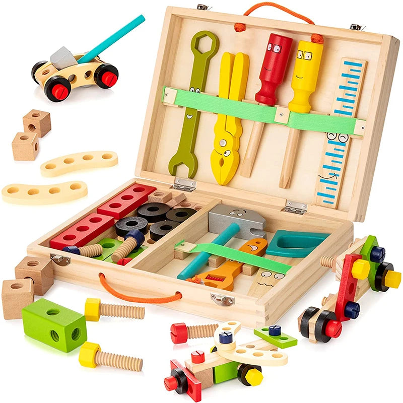 Educational Montessori Kids Toys Wooden Toolbox Pretend Play Set Preschool Children Nut Screw Assembly Simulation Carpenter Tool