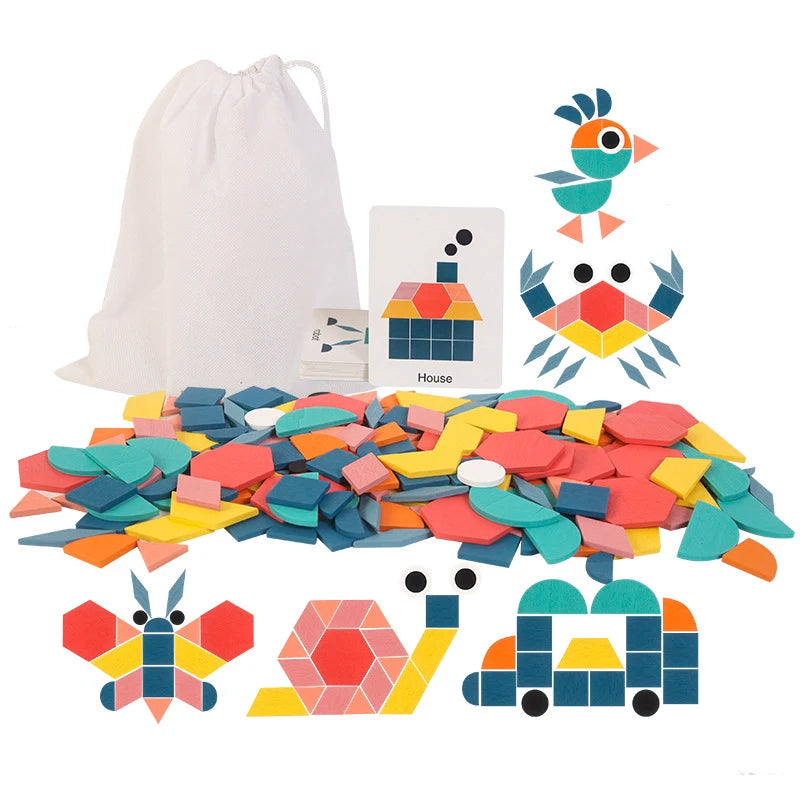 180Pcs Creative 3D Wooden Jigsaw Block Montessori Building Block Educational Learning Toys For Children Geometric Shape Toy