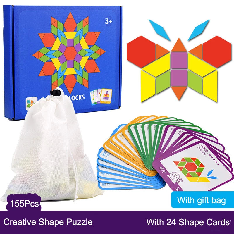 180Pcs Creative 3D Wooden Jigsaw Block Montessori Building Block Educational Learning Toys For Children Geometric Shape Toy