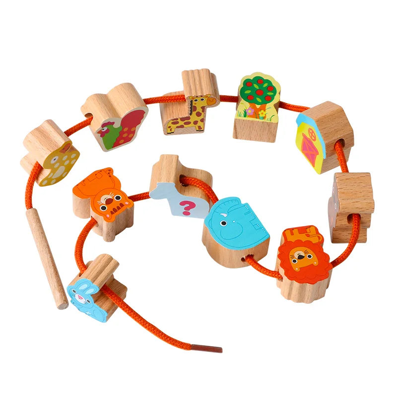Logwood Wooden toys Baby DIY Toy Cartoon Fruit Animal Stringing Threading Wooden beads toy Monterssori Educational for Children