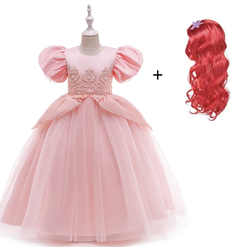 little girls kids princess ariel Mermaid pink dress elegant for baby girl Birthday Party Holiday Halloween cosplay Costume hair