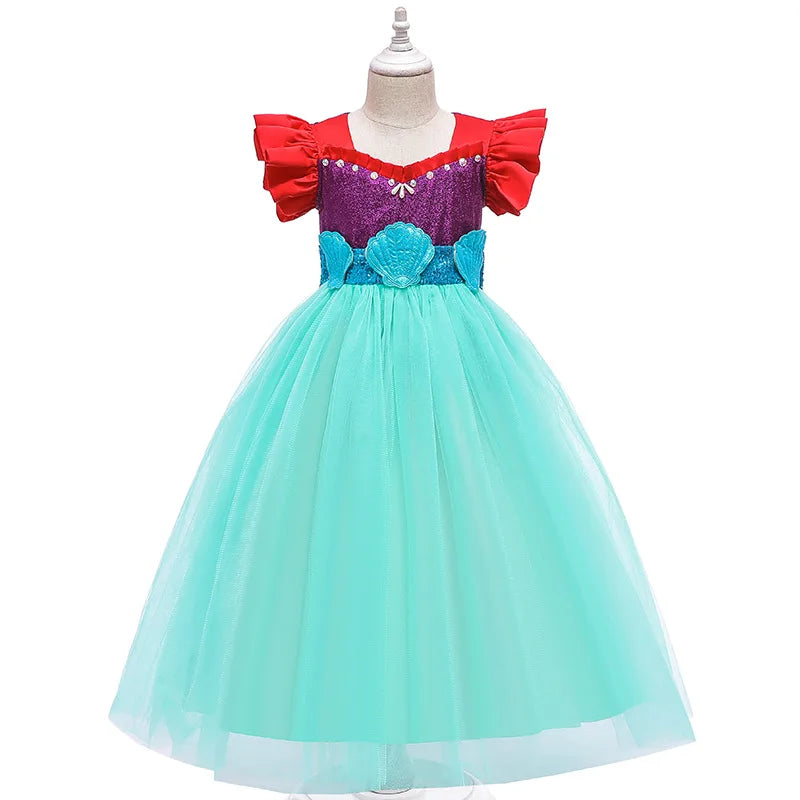little girls kids princess ariel Mermaid pink dress elegant for baby girl Birthday Party Holiday Halloween cosplay Costume hair