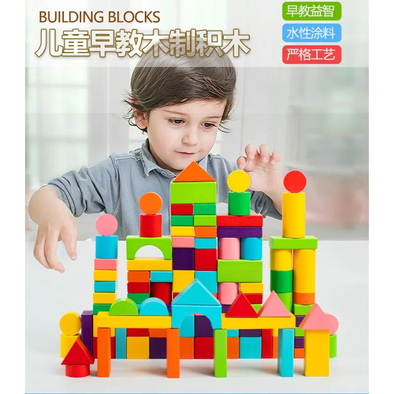 Wooden Building Blocks Set with Storage Bag PuzzleToys for Kids Assembled Building Blocks Early Educational Toys for Children
