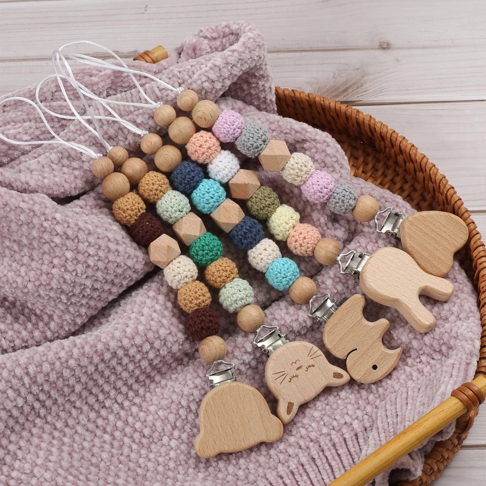 Baby Wood Round Felt Balls Beaded Pacifier Chain Animal Bunny Elephant Heart Beech Pacifier Clip For Baby Teether Chain Chew Toy