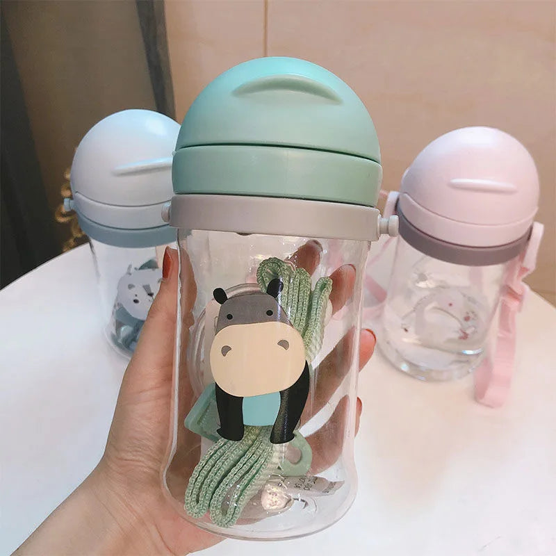 Kids Children Cartoon Animal School Drinking Water Straw Bottle Gravity Ball  Baby Cup with Shoulder Strap