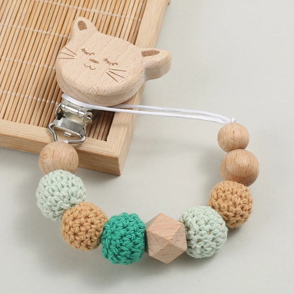 Baby Wood Round Felt Balls Beaded Pacifier Chain Animal Bunny Elephant Heart Beech Pacifier Clip For Baby Teether Chain Chew Toy