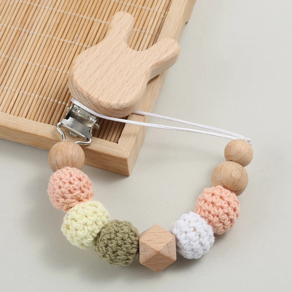 Baby Wood Round Felt Balls Beaded Pacifier Chain Animal Bunny Elephant Heart Beech Pacifier Clip For Baby Teether Chain Chew Toy