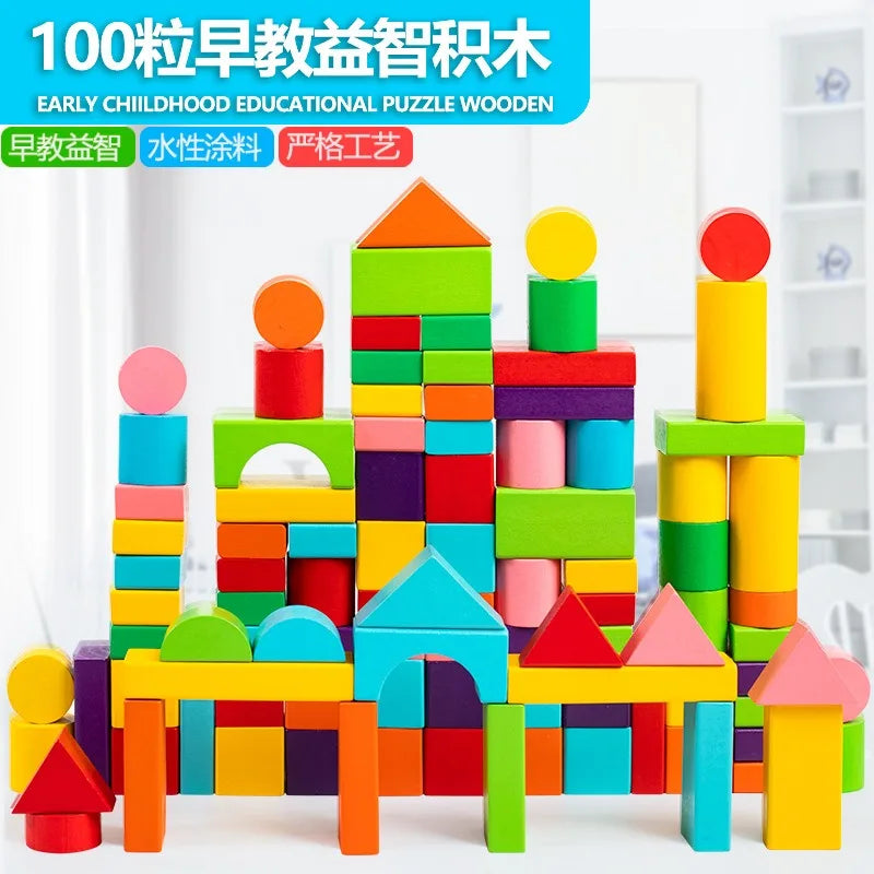 Wooden Building Blocks Set with Storage Bag PuzzleToys for Kids Assembled Building Blocks Early Educational Toys for Children