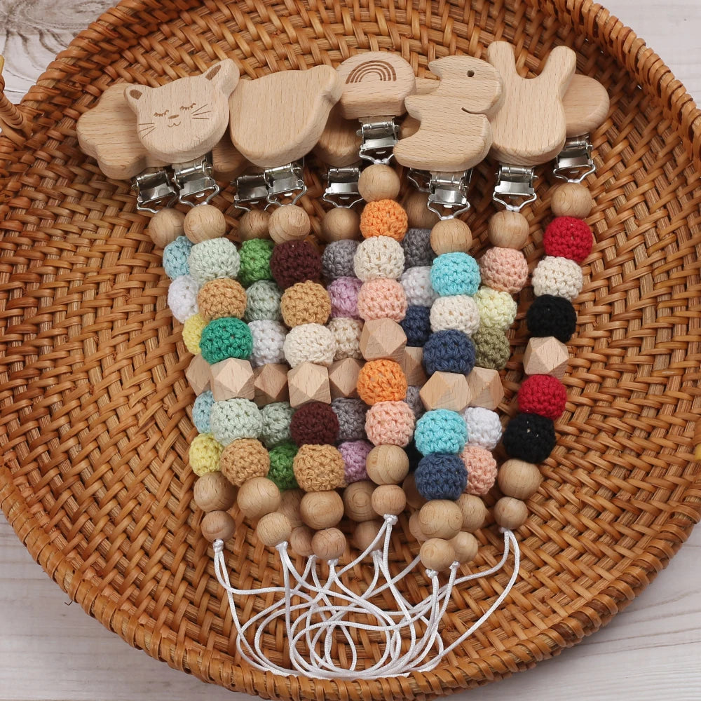 Baby Wood Round Felt Balls Beaded Pacifier Chain Animal Bunny Elephant Heart Beech Pacifier Clip For Baby Teether Chain Chew Toy