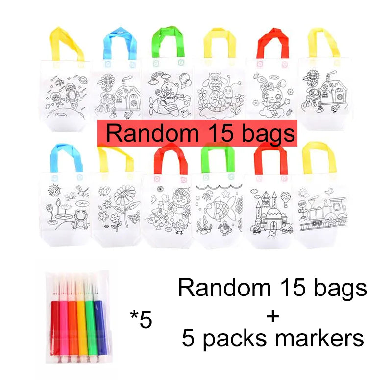 20pcs DIY Graffiti Bag with Coloring Markers Handmade Painting Non-Woven Bags for Children Arts Crafts Color Filling Drawing Toy