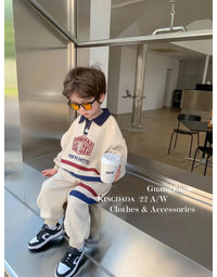Korean Kid Set Baby Boy Suit Spring Autumn Fashion Letter Print Baby Girls 2pcs Outfits Clothes Lapel Cotton Sweater + Pant
