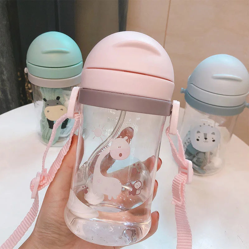 Kids Children Cartoon Animal School Drinking Water Straw Bottle Gravity Ball  Baby Cup with Shoulder Strap