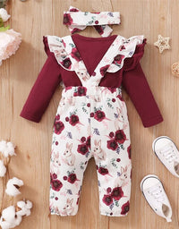 0-18Months Baby Girl Clothes Set Red Color Long Sleevs Bodysuit + Flower Strap Pants 2PCS Infant Girl New Years Clothing Suit
