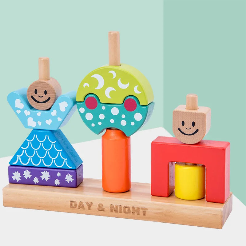 Children Wooden Building Blocks Baby DIY Stacking High Fun Games Day and Night Creative Building Blocks Montessori Wooden Toys