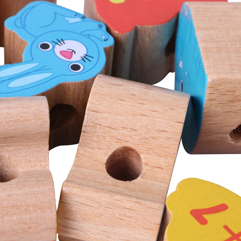 Wooden Toy Cartoon Animals Fruit DIY Toy Beads Toy Stringing Threading Beads Game Education Toy for Baby Kids Children