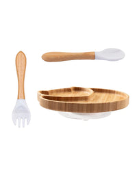 Custom Baby Bamboo Feeding Bowl Spoon Fork Fox Pattern Food Tableware Kids Wooden Training Plate Silicone Suction Cup Removable
