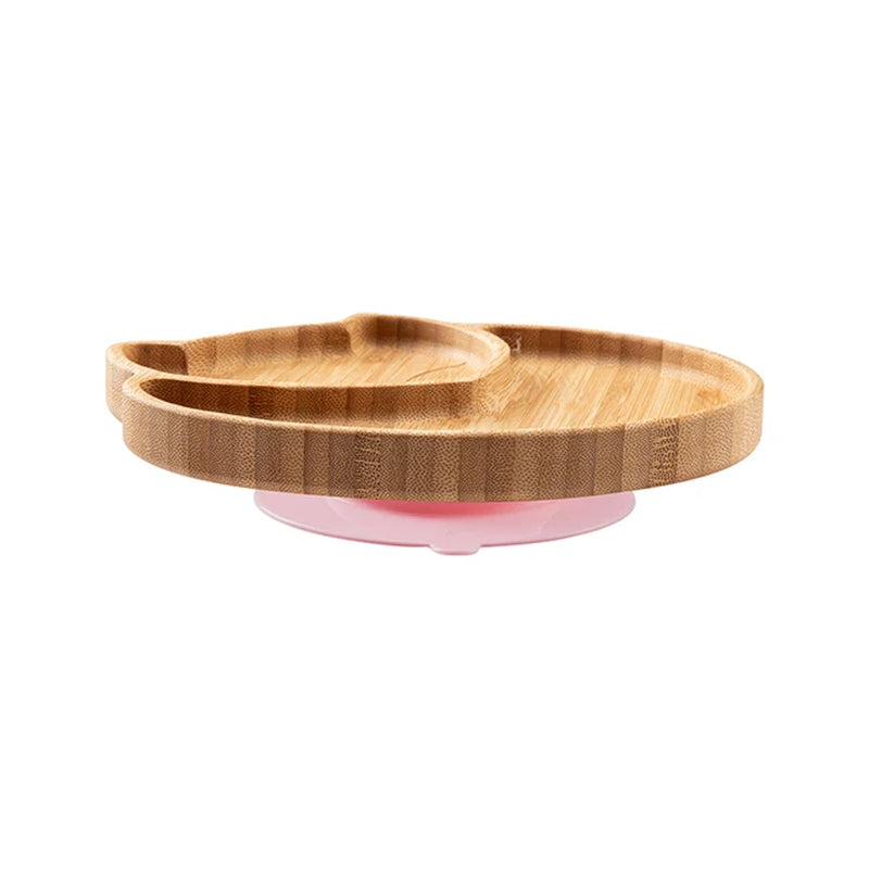 Custom Baby Bamboo Feeding Bowl Spoon Fork Fox Pattern Food Tableware Kids Wooden Training Plate Silicone Suction Cup Removable